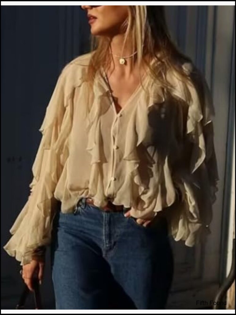 Ruffled Multi-Layered Semi Sheer V-Neck Blouse Long Sleeve Button Down Chiffon - Picture 6 of 7